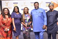L - R; Dangote Cement plc,(DCP) Yuwana Keri, Legal Department; Kemi Ogunmolu; DCP Corporate Finance Department, Temilade Aduroja; Group Head, Investor Relations, Dangote Industries Limited, With the (DCP) Dividend Paying Company of the award; Edward Imoedemhe;Acting Company Secretary, Dangote Cement Plc, Conrad Kakulu; DCp Legal Department; at the Nairametrics Capital Market Choice Awards 2025; in Lagos on Friday; 23 May 2025;